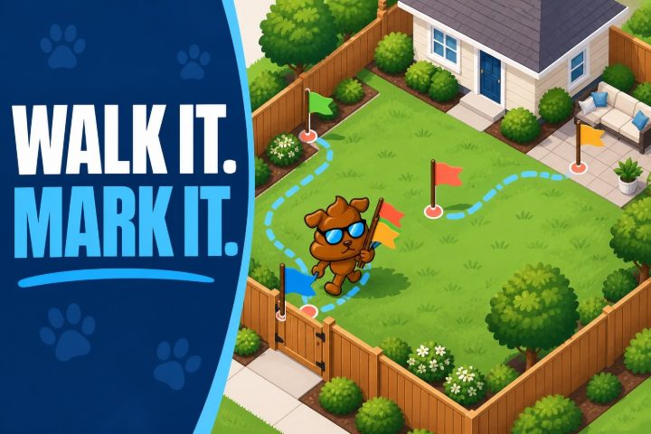 Purge Pros mascot walking a fenced back yard with marker flags, a dotted path running from the gate to the patio, with the words Walk it. Mark it.