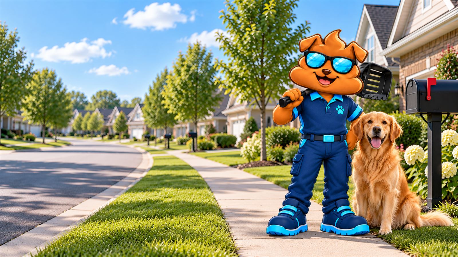 Purge Pros mascot with a scooper over one shoulder beside a golden retriever on a neighborhood sidewalk, with a mailbox and a row of homes behind.