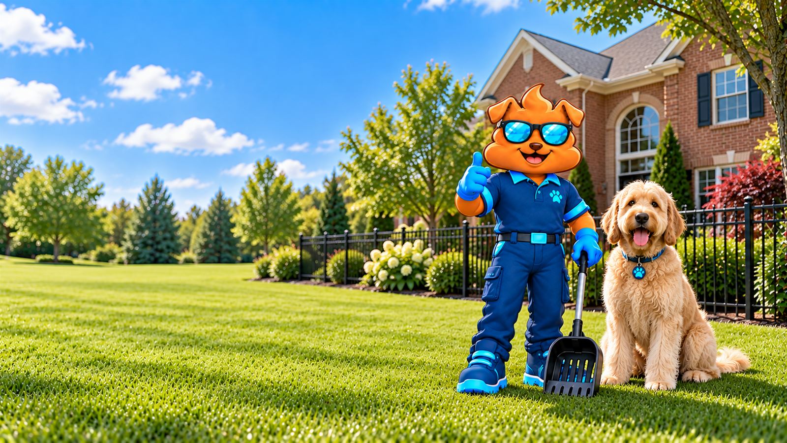 Purge Pros mascot in blue gloves giving a thumbs-up and holding a scooper beside a cream goldendoodle on a manicured lawn, with a black metal fence, hydrangeas and a brick two-storey home behind.