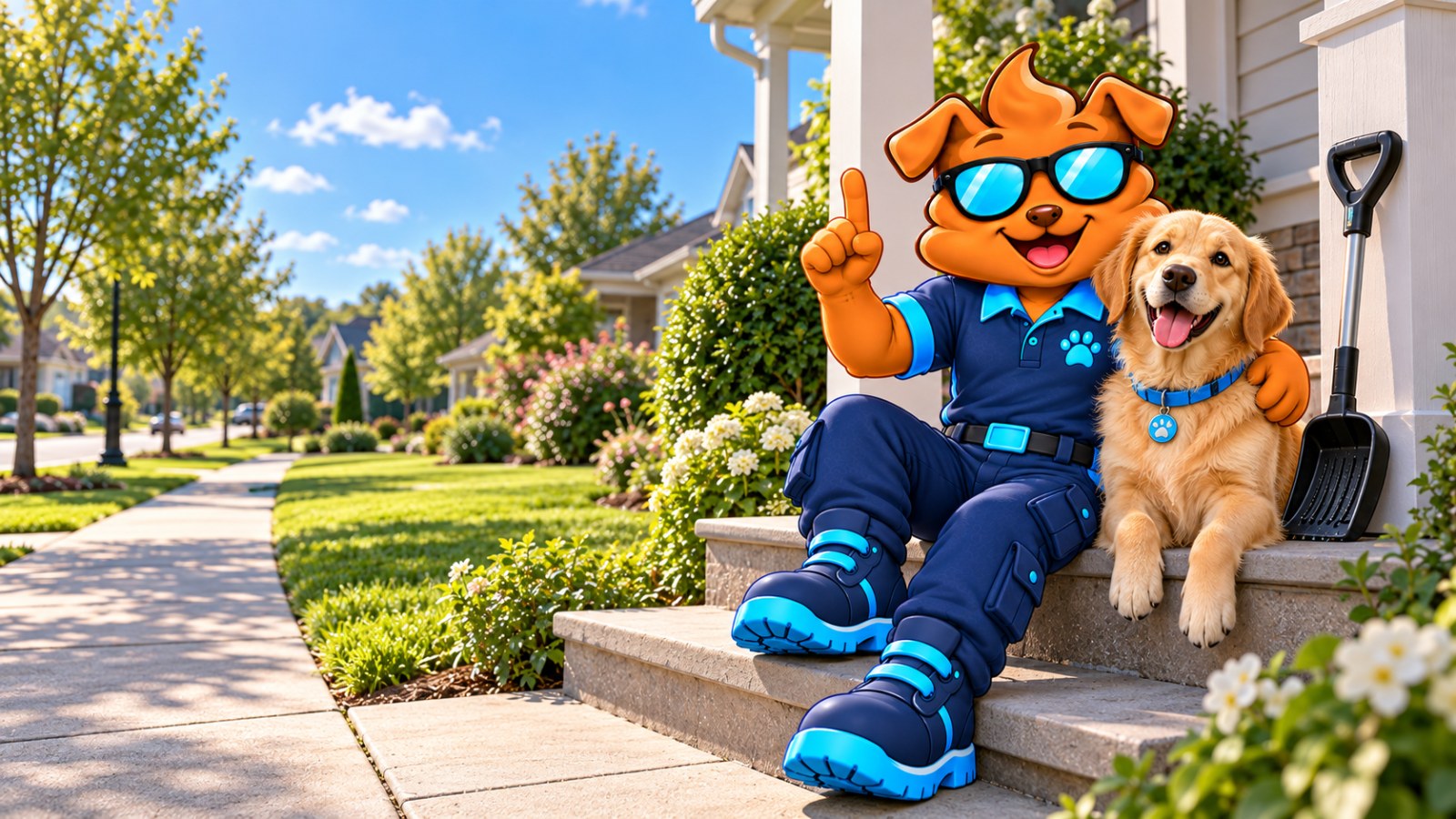 Purge Pros mascot sitting on front porch steps with an arm around a golden retriever, one finger raised as if answering a question.