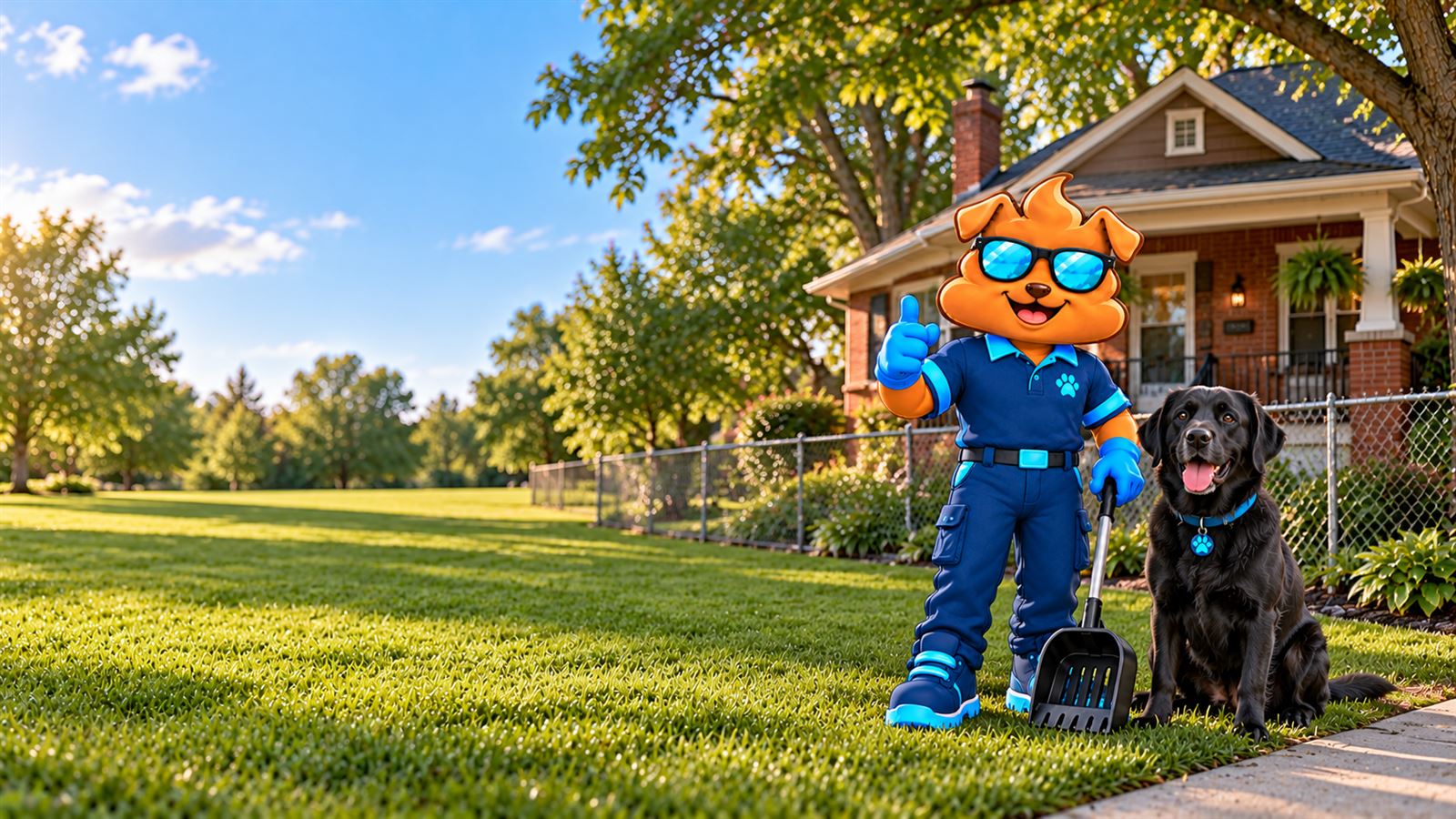 Purge Pros mascot in blue gloves giving a thumbs-up and holding a scooper beside a black Labrador on a tree-shaded lawn, with a chain-link fence and a brick bungalow behind.