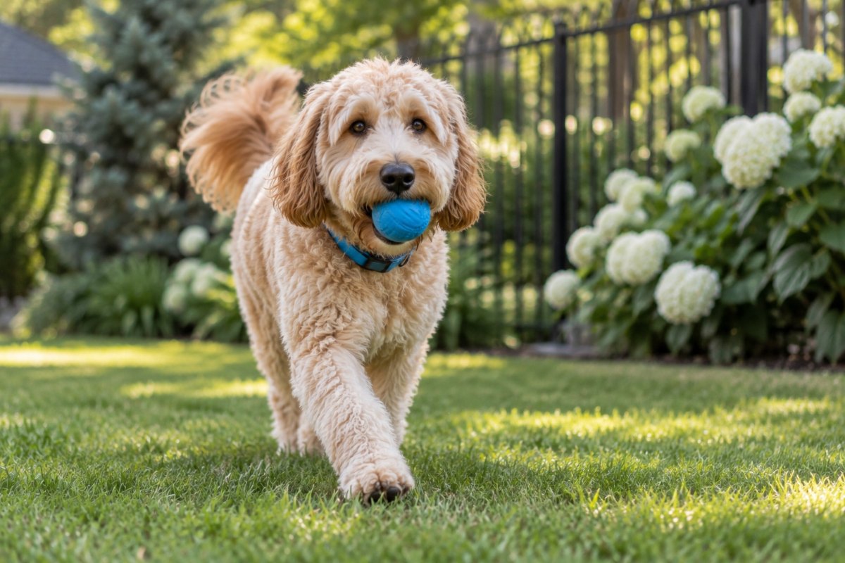 A cream goldendoodle trotting across a clean lawn with a blue ball in its mouth.