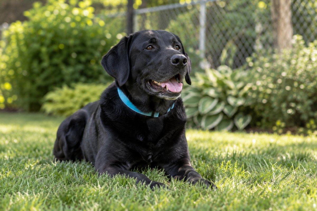 A black Labrador in a cyan collar lying on a freshly mown lawn, head up and panting happily.