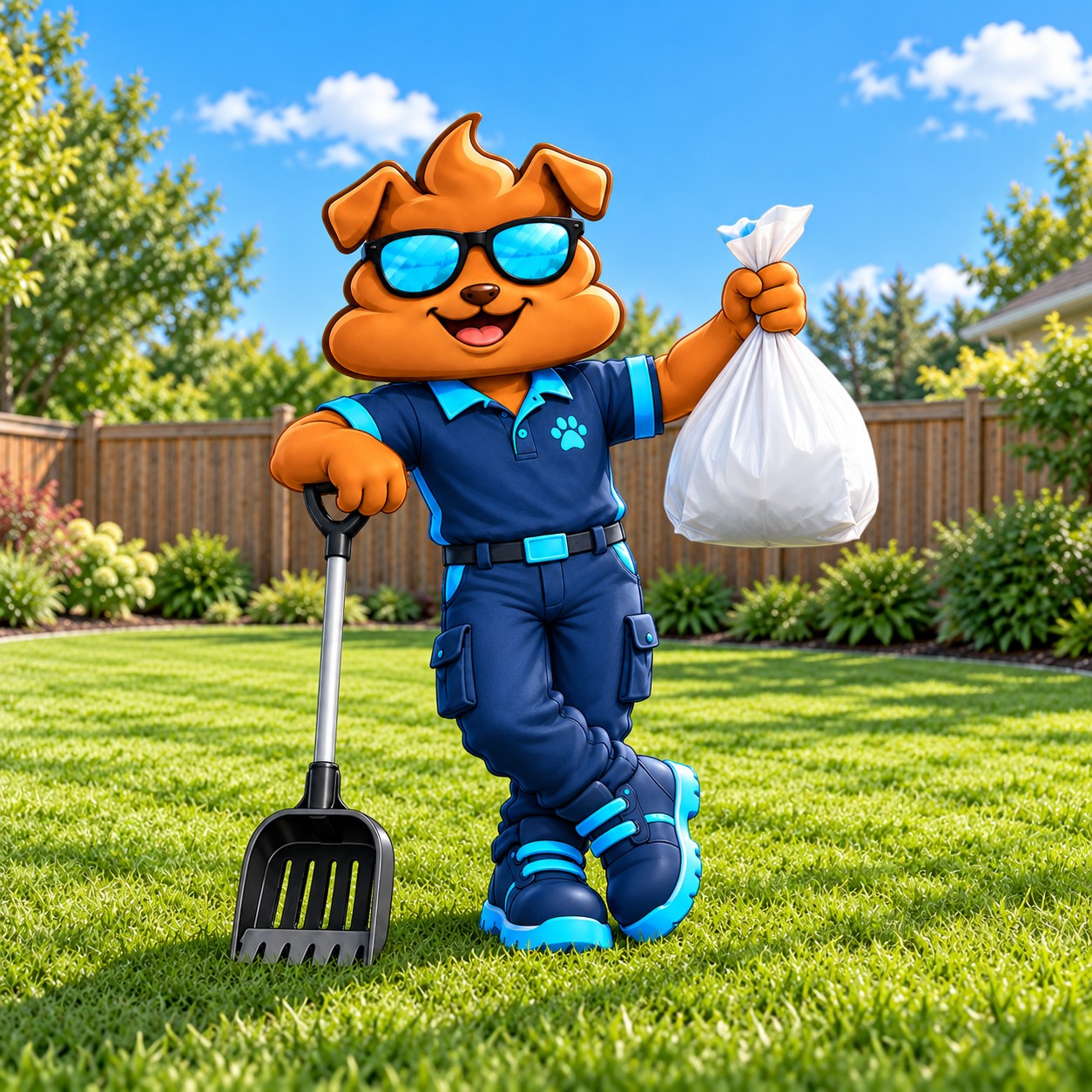Purge Pros mascot leaning on his scooper on a clean lawn, holding up one tied bag.