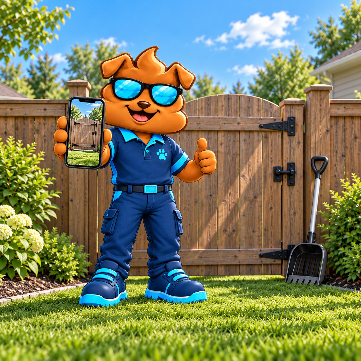 Purge Pros mascot in front of a closed wooden gate, giving a thumbs-up and holding up a phone that shows a photo of the same gate.
