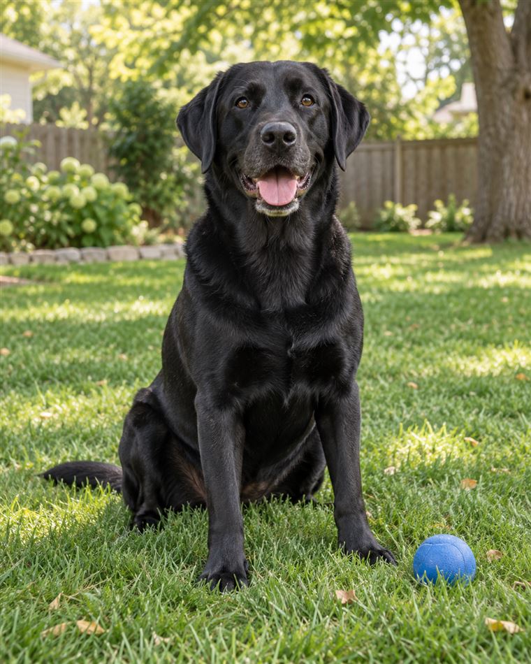 Black Labrador sitting on a sunny back lawn with a blue ball.